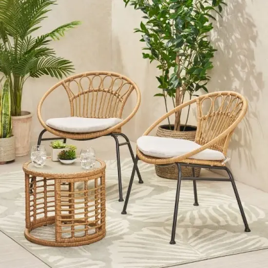 Christopher Knight Home Specter Outdoor Wicker and Tempered Glass 3 Piece Chat Set with Cushion, Light Brown/Beige image {11}
