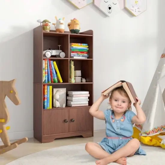 Costway 4-Tier Bookshelf 2-Door Storage Cabinet with4 Cubes Display Shelf for Home Office image {2}