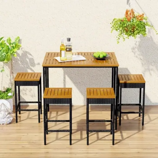 5-Piece Outdoor Patio Wicker Bar Set with Foldable Acacia Wood Top with 4 Stools and 1 Table,Brown - ModernLuxe image {1}