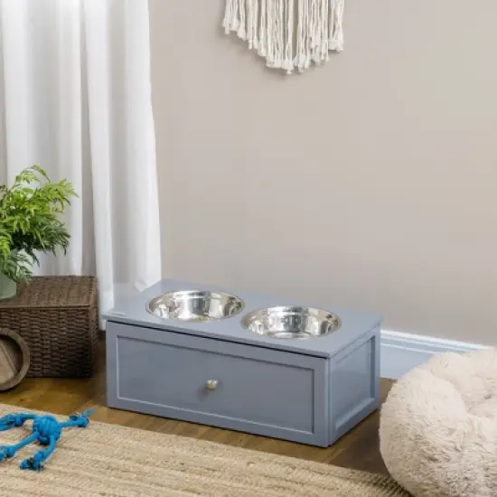 PawHut Elevated Dog Bowls, Raised Dog Bowl Stand with Storage, 2 Stainless Steel Bowls, Pet Feeding Station for Medium Dogs, Indoor Use, Gray image {1}