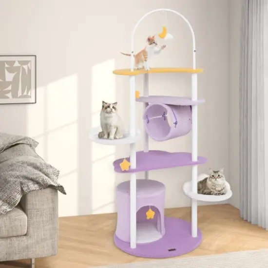 Tangkula 62" Multi-level Cat Tree w/ Moon-Shaped Top Perch Cloud-Shaped Jumping Platform image {3}
