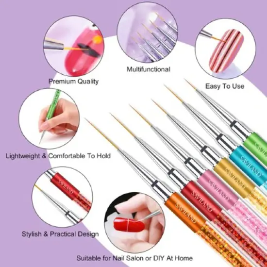Saviland 6-Pc Gel Liner Brush Set: 7-23mm Crushed Crystal Handle Brushes for Line Art - Premium Nail Design Tools. image {5}