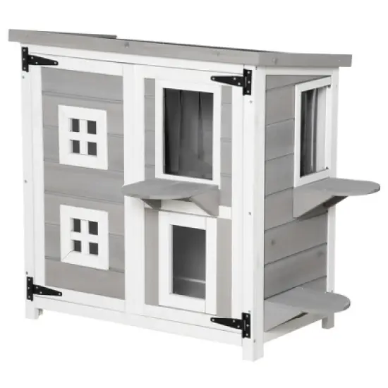 PawHut 2-Tier Cat House, Outdoor Feral Cat Shelter, with Weather Resistant Roof, Escape Door, PVC Curtain, Glass Window image {3}