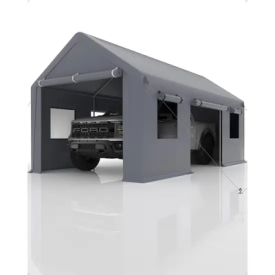 12x20 Ft Carport,Car Port with 200g PE Tarp,Roll-Up Doors,and 4 Windows,for Full-Size Pickups,Bass Boats,Tractors,and SUVs,Gray image {6}