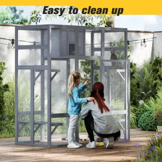 Sandinrayli Extra Large Cat Catio - 4-Way Pet Door, Outdoor Wood Insulation Condo, Patio Window Attach w/Weatherproof PVC Cover (Gray) image {6}