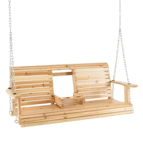 Costway 2-seat Wood Swing Bench with Folding Cup Holder and Sturdy Metal Hanging Chains image {1}
