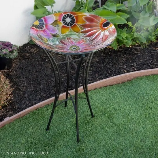 Alpine 18" Glass Birdbath with Colorful Flowers: Freestanding Garden Decor, Weather-Resistant image {1}