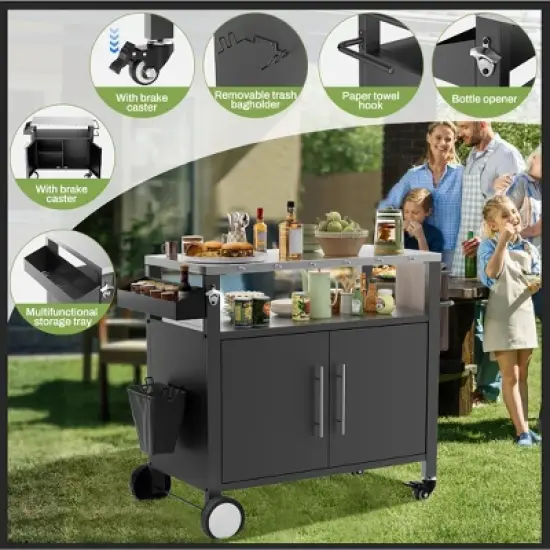 Outdoor Grill Cart with Stainless Steel Sink, Rolling Kitchen Island on Wheels with Storage, Patio Bar Cart Sink Station for Backyard Garden image {3}