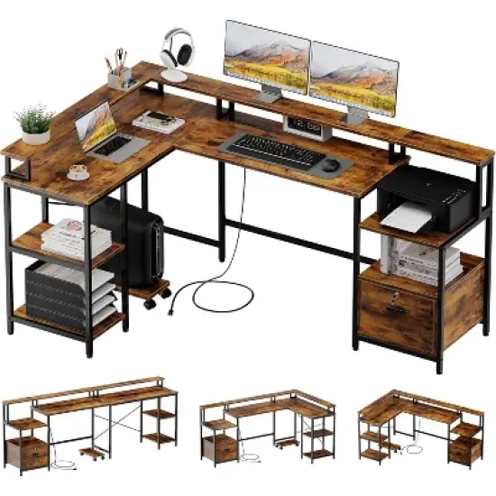 L Shaped Office Desk - 76" Reversible L Shaped Computer Desk Office Desk with Power Outlet and File Drawer Gaming Desk with Monitor Shelf Desk image {4}