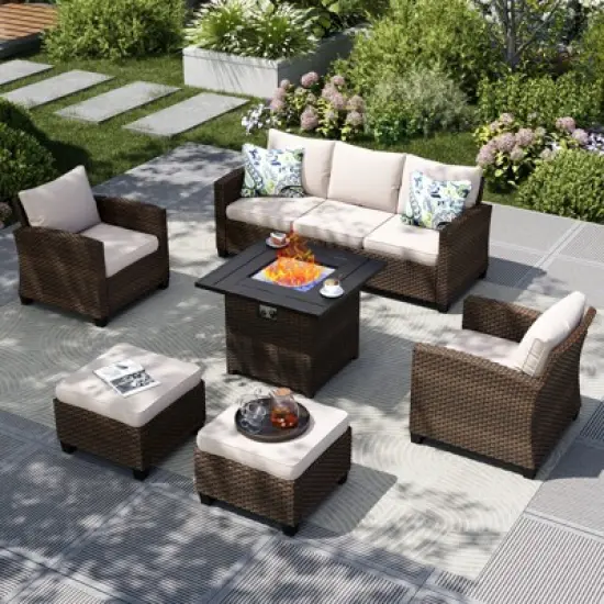 Captiva Designs 6pc Outdoor Patio Wicker Rattan Fire Pit Set with Cushioned Ottomans and Single Sofas image {13}