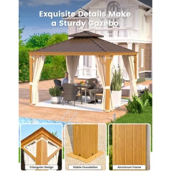 EROMMY Gazebo 10&rsquo;x12&rsquo;W/Steel Double Roof Hardtop Gazebo, Rust Resistant Coated Aluminum Frame Waterproof Pavilion image {3}