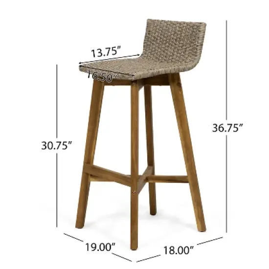 2pk La Brea Acacia Wood & Wicker Patio Barstools Brown / Teak - Christopher Knight Home image {4}