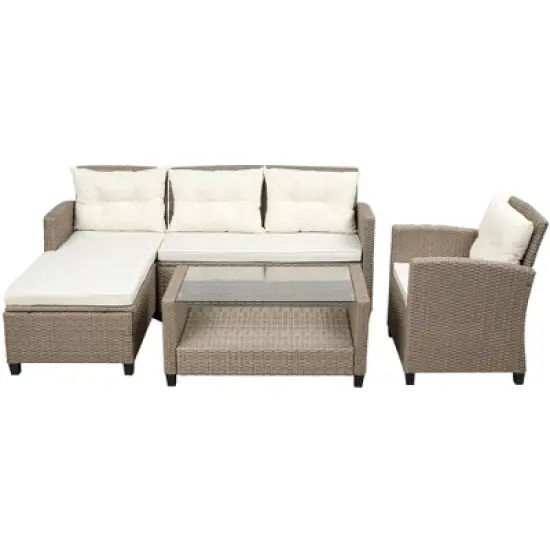 4pc Wicker Patio Conversation Seating Set with Cushions - Beige/Brown - GODEER image {3}