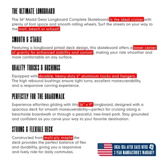 36" Pintail Longboard for Kids & Teens &ndash; Maple Deck, PU Wheels, ABEC-9 Bearings &ndash; Madd Gear image {5}