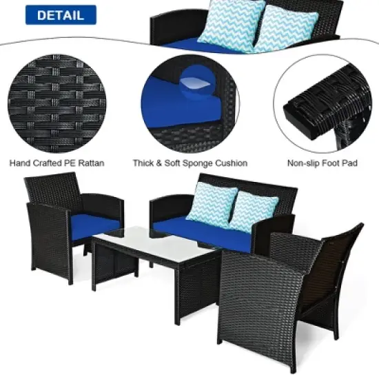 Costway 4PCS Patio Rattan Furniture Conversation Set Cushion Sofa Table Garden Turquoise\Navy image {3}