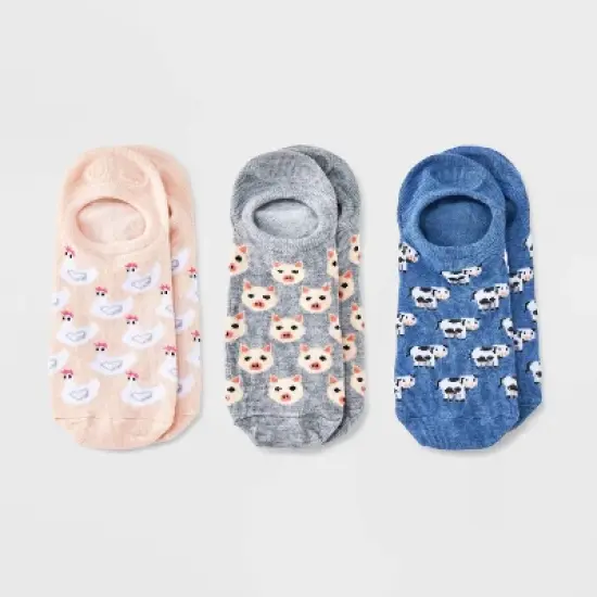 Women's Farm Animals 3pk Liner Socks - Denim Heather/Heather Gray/Pink 4-10 image {3}