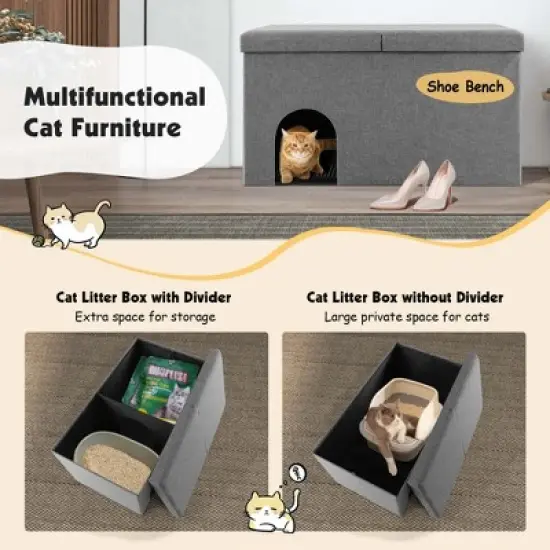 Costway Cat Litter Box Enclosure Hidden Furniture Cat Washroom Shoe Storage Bench Beige/Grey image {5}