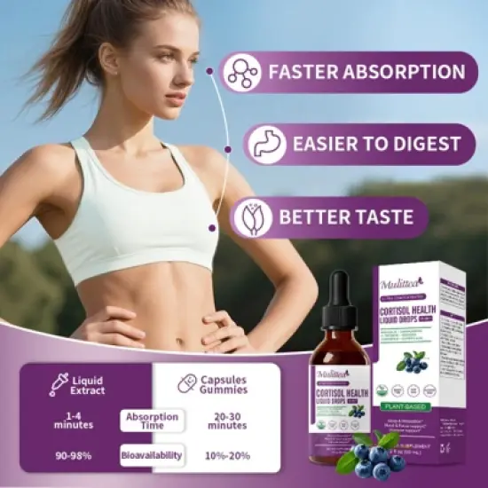 Mulittea Cortisol Liquid Drops Supplements for Women Men, Cortisol Detox Manager, Balance Mood, Focus, Sleep Support - 2 Fl.oz, Blueberry image {4}