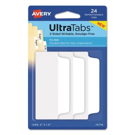 Avery Ultra Tabs Repositionable Tabs, Wide and Slim: 3" x 1.5", 1/3-Cut, White, 24/Pack image {3}