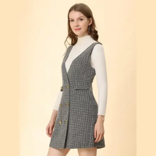 Allegra K Women's Elegant Vintage Button Front V Neck Plaid Tweed Overalls Pinafore Skirts image {3}