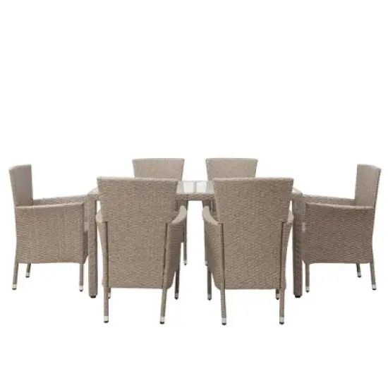 7pc Outdoor Wicker Dining Set with Cushions - Beige - GODEER image {2}