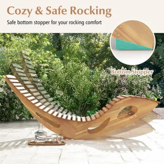 Tangkula 2PCS Outdoor Chaise Lounge Acacia Wood Rocking Sun Lounger with Slatted Backrest and Seat Wooden Rocker Lounge Chair image {6}