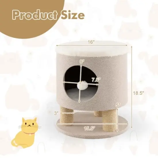 Costway 3-IN-1 Cat Condo Stool Kitty Bed with Scratching Posts & Plush Ball Toy Beige/Grey image {2}
