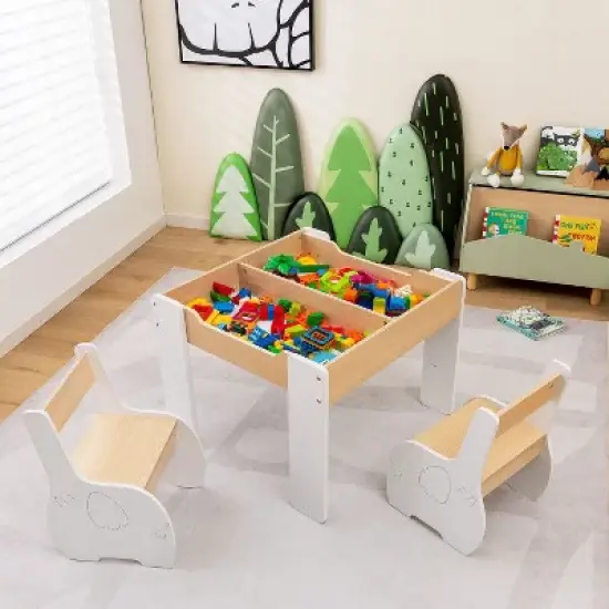 Yinvani 4-in-1 Wooden Activity Kids Table and Chairs with Storage and Detachable Blackboard image {4}