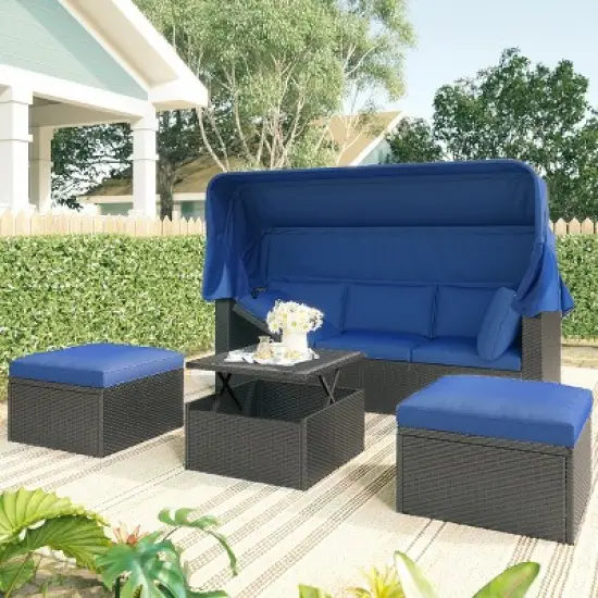 Outdoor Wicker Patio Daybed with Retractable Canopy, Sunbed with Ottoman and Height Adjustable Table, Daybed with Foam Cushions&ndash;Cuddlewood image {1}