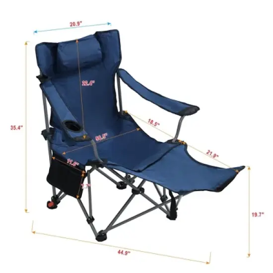Sevobal Outdoor Portable Chairs Adjustable Reclining Camping Chair with Side Pockets and Cup Holder for Lawn and Patio, Dark Blue, 44.9"*20.9"*35.4" image {2}