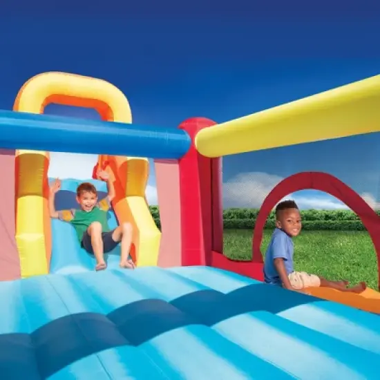 Banzai Double Slide Backyard Bouncer Outdoor Inflatable Slide & Bounce House w/ Climbing Wall, Blower Motor, Ground Stakes, & Storage Bag image {2}