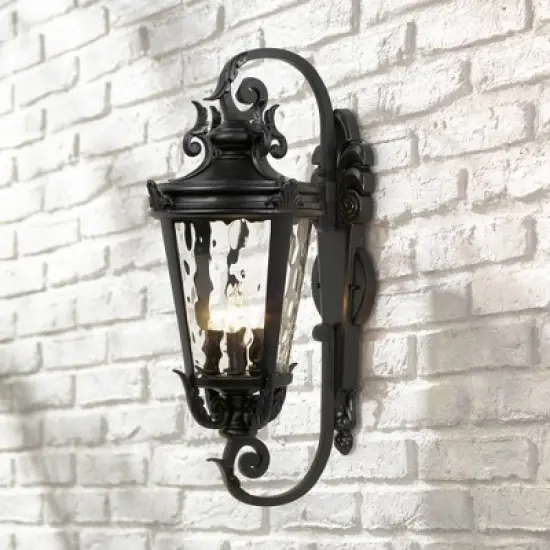John Timberland Casa Marseille Vintage Rustic Outdoor Wall Light Fixture Black Scroll Arm 27 1/2" Clear Hammered Glass for Post Exterior Barn Deck image {1}