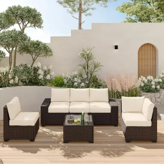 6 Pieces Outdoor Patio Furniture Set, Wicker Furniture Set, Patio Sectional Furniture Set with 5 Seat Cushions and 1 Glass Coffee Table image {8}