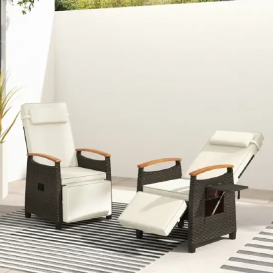 Costway 1/2 PCS Patio Wicker Recliner Chair with Adjustable Backrest Footrest Flip Side Table White/Black image {4}