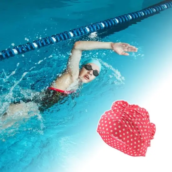 Unique Bargains Polyester Polka Dots Pattern Swim Cap 5.91"x9.25" Red White 1 Pc image {1}