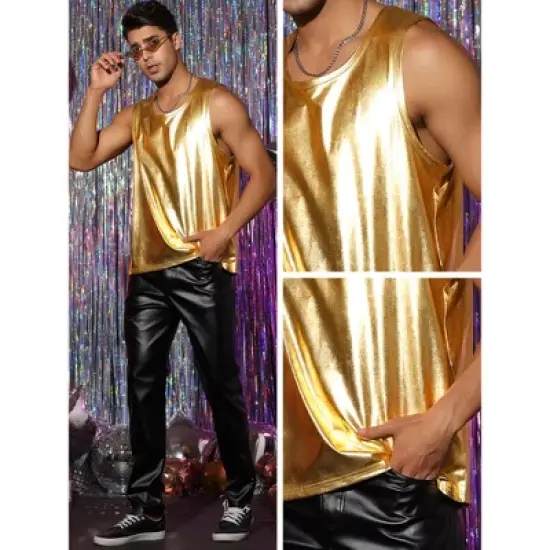 Lars Amadeus Men's Round Neck Sleeveless Shiny Disco Party Metallic Tank Top image {4}