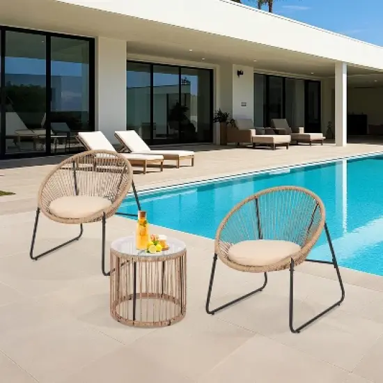 3 Piece Outdoor Seating Acapulco Chair Glass Top Side Table and 2 Chairs with Cushions PE Rattan All-Weather Patio Conversation Bistro Set image {7}