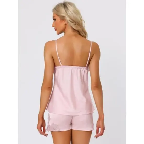cheibear Womens Satin Lounge Lace Trim Cami Tops with Shorts Sleepwear Pajamas Sets image {2}