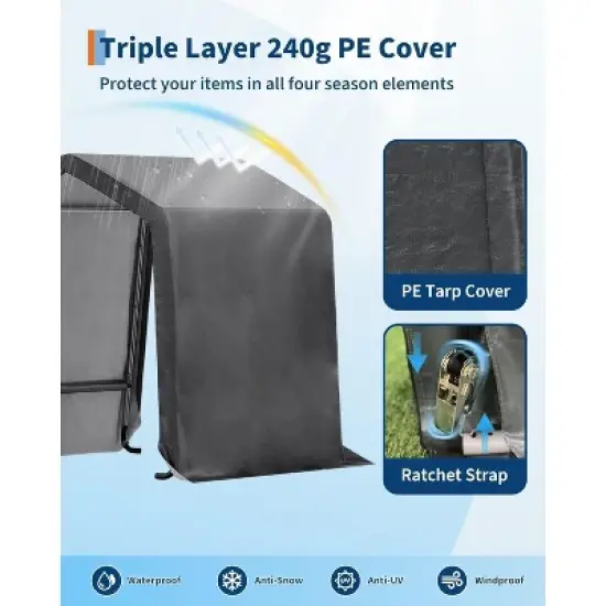 Acekool 10x10FT Outdoor Portable Storage Shed, Roll-Up Door, Heavy-Duty Waterproof PE Tarp, UV-Resistant Shelter for Garden, Tools, Motorcycles,Gray image {5}