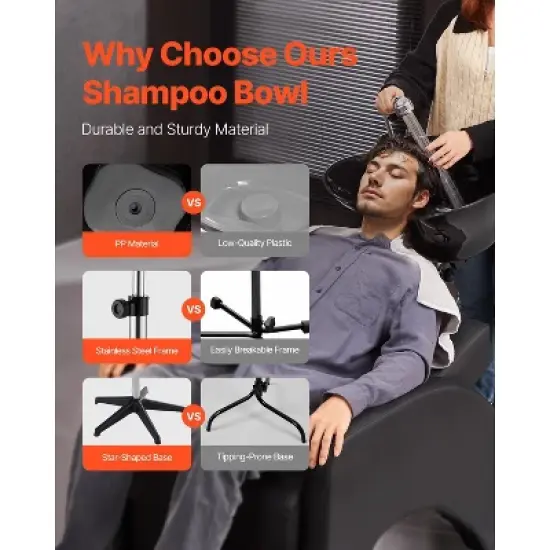 VEVOR Portable Shampoo Bowl, Deep Shampoo Sink for Washing Hair with Adjustable Height and Angle, Includes Drain Hose, Shower Head, Black image {2}