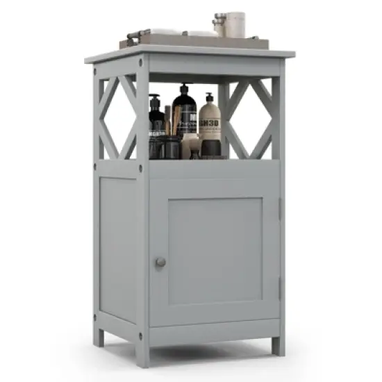 Tangkula Bathroom Floor Cabinet Single Door Storage Cabinet with Open Compartment Anti-Toppling Device Grey/White image {11}