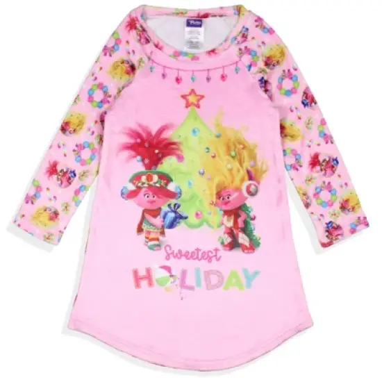 Trolls Girl's Sweetest Holiday Plush Fleece Raglan Kids Pajama Nightgown Multicolor image {4}