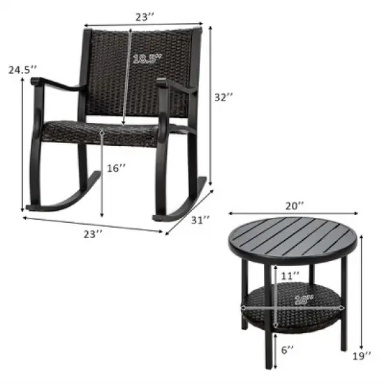 Costway 3PCS Patio Rattan Rocking Chair Bistro Set Coffee Table Storage Shelf image {2}