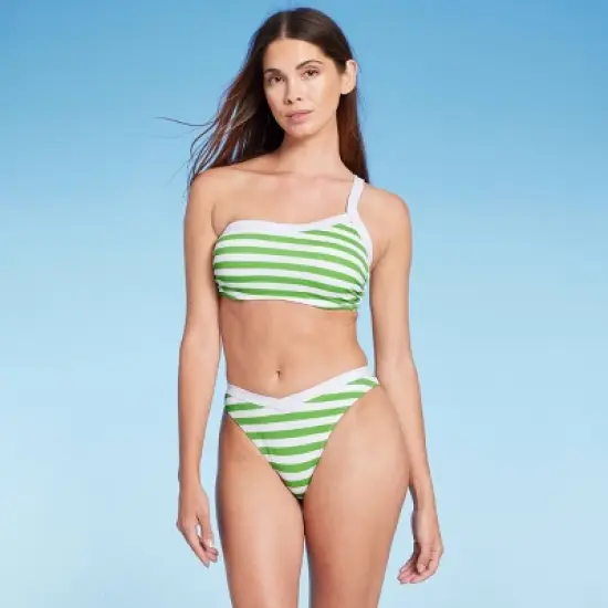 Women's Ribbed High Leg Extra Cheeky Bikini Bottom - Shade & Shore&trade; Green/White image {2}