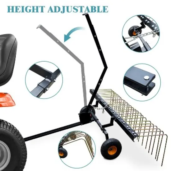 TROPOW 60-Inch Heavy Duty Garden Rake &uml;C Adjustable Stainless Steel Tow-Behind Dethatcher for Yard, Farm & Grass Cleaning image {6}