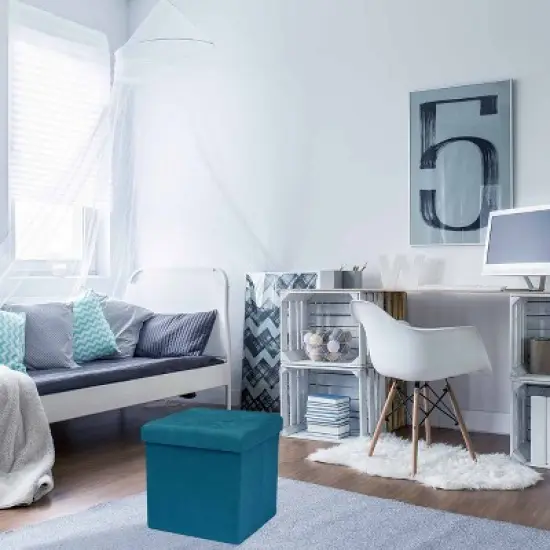 Sorbus Foldable Storage Ottoman Bench  with Cover Faux Suede Teal image {1}