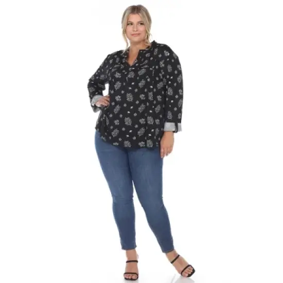 Plus Size Pleated Long Sleeve Leaf Print Blouse image {3}