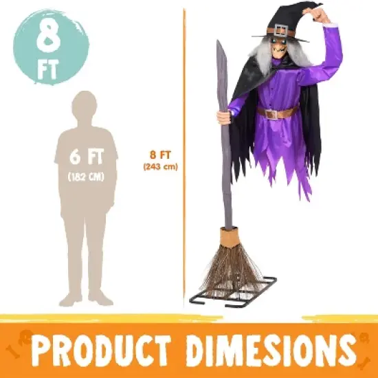 Joyfy 96'' Halloween Outdoor Decorations, Animated Flying Witch on Broom with Light Eyes and Scary Voice for Outside Yard Lawn Haunted House Decor image {6}
