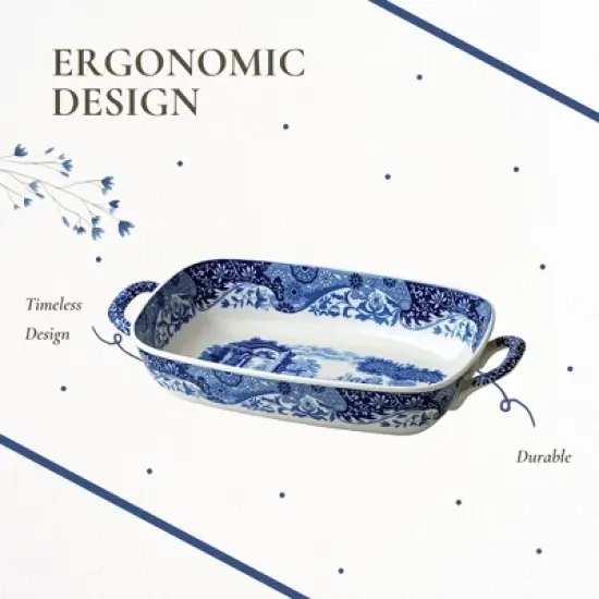 Spode Blue Italian Handled Serving Dish - 11.5" x 8" Porcelain Tableware with Heritage Scroll Border & Scenic Countryside Artwork image {5}