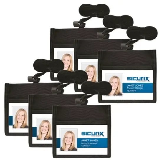 SICURIX ID Neck Pouch Badge Holder, Horizontal, Adjustable Cord, 4" x 2-1/4" Insert, Black, Pack of 6 image {6}